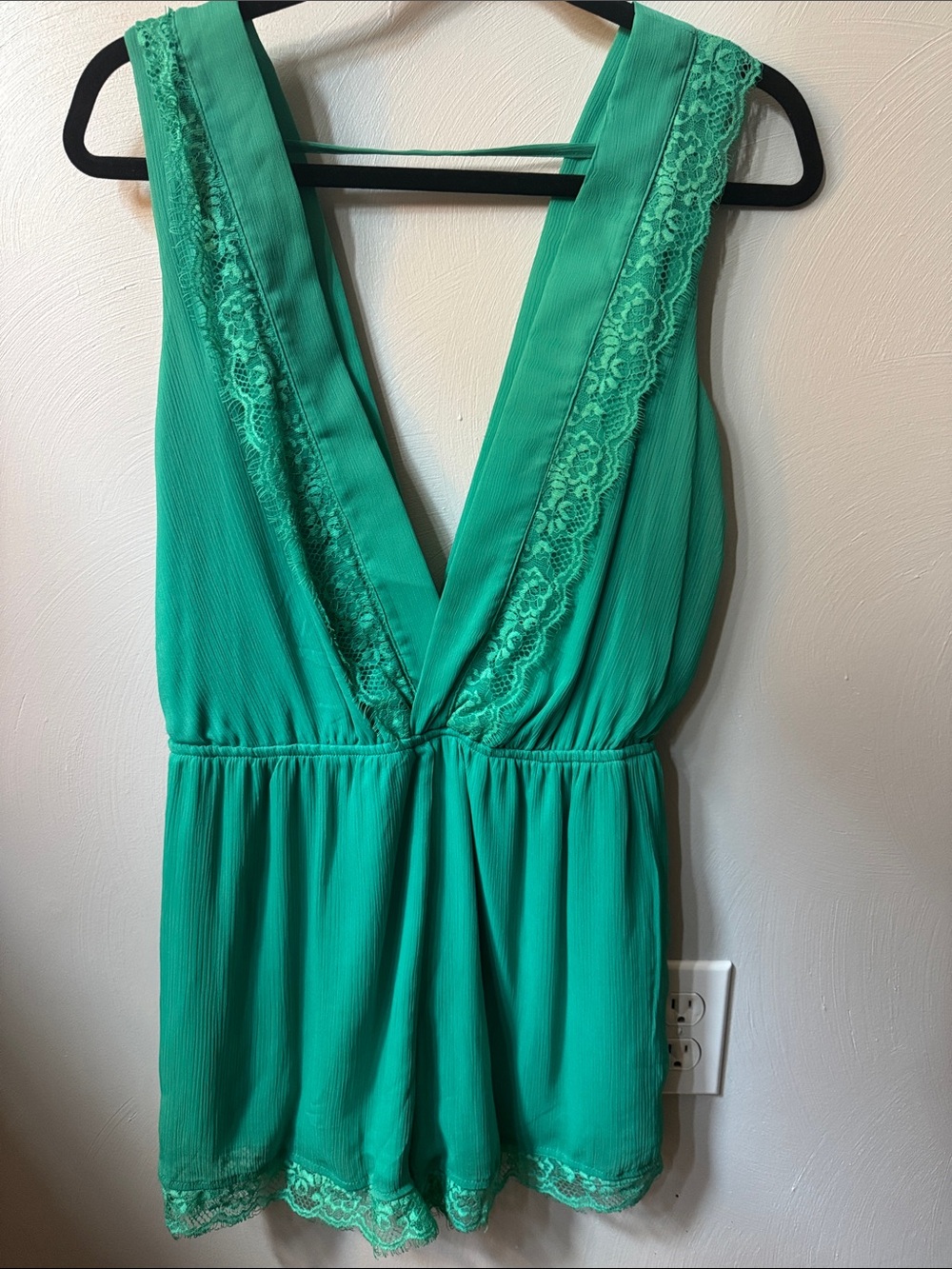 Banjul Green Lace-Trim Deep V Romper